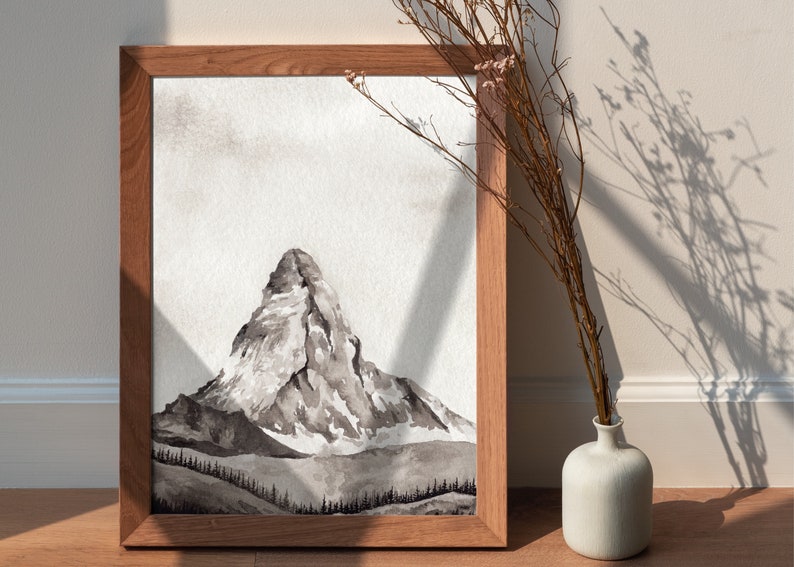 Grigio Acquerello Mountain Art Stampa Stampabile Mountain Wall Art Landscape Wall Art Mountain Painting Stampa Arte acquerello stampabile immagine 6