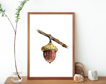 Watercolor Acorn Botanical Painting Printable Art Print- Nature Inspired Wall Art- Acorn Poster