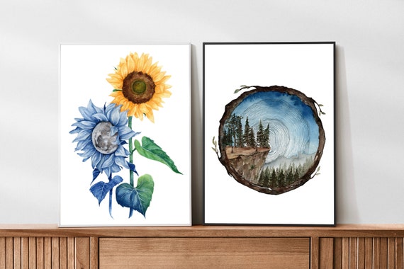 Watercolor Sunflower Moon Painting Art Print Botanical - Etsy 日本