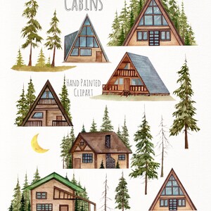 Puede incluir: Ilustraci&oacute;n en acuarela con varias caba&ntilde;as y &aacute;rboles de hoja perenne. La imagen incluye caba&ntilde;as en forma de A, una caba&ntilde;a con porche y una caba&ntilde;a con chimenea. Tambi&eacute;n se incluye el texto "Watercolor Cabins" y "Hand Painted Clipart".
