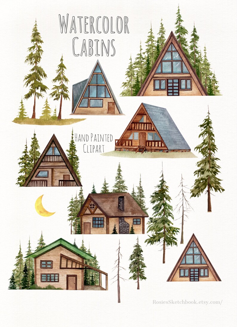Puede incluir: Ilustraci&oacute;n en acuarela con varias caba&ntilde;as y &aacute;rboles de hoja perenne. La imagen incluye caba&ntilde;as en forma de A, una caba&ntilde;a con porche y una caba&ntilde;a con chimenea. Tambi&eacute;n se incluye el texto "Watercolor Cabins" y "Hand Painted Clipart".