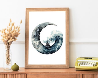 May include: A framed watercolour painting of a crescent moon with a wave crashing over it. A small sailboat is in the wave. The painting is in shades of blue and grey.