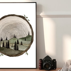 Circle Wood Slice Watercolor Painting Art Print Tree Ring Art Tree Stump Wood Slice Wall Art Trees And Hills Painting Tree Slice Artwork image 9