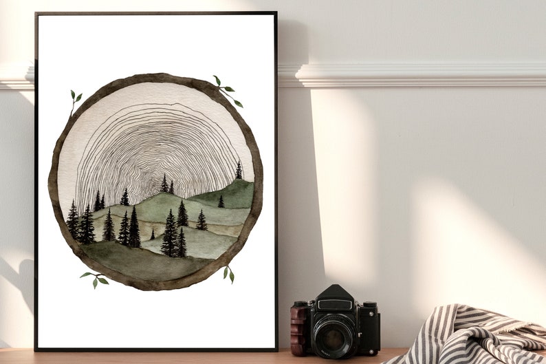 Circle Wood Slice Watercolor Painting Art Print Tree Ring Art Tree Stump Wood Slice Wall Art Trees And Hills Painting Tree Slice Artwork image 9