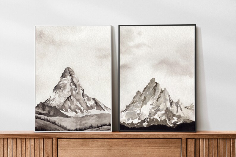 Grigio Acquerello Mountain Art Stampa Stampabile Mountain Wall Art Landscape Wall Art Mountain Painting Stampa Arte acquerello stampabile immagine 3