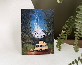 Blank Adventure Greeting Card- Wilderness Camping Starry Night Mountainside Greeting Card- Camper Van Greeting Card- Mini Art Card