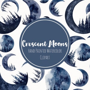 Aquarel Indigo Maan Clipart- Pine Tree Clipart- Galaxy Night Sky Clipart- Blue Moon Forest Clipart- Moon Phases Uitnodiging Clipart