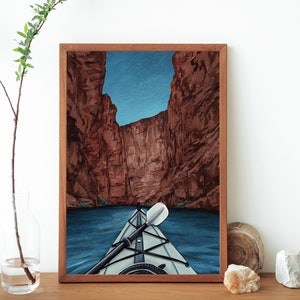 Kayaking illustration Art Print- Kayak Poster- Outdoors Kayak Painting- Wanderlust Wall Art- Travel Poster- Kayak At Big Bend- River Trip