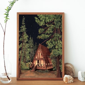 Night Sky A Frame Cabin Landscape Painting- Woodland Cabin Lights Pine Tree Art Print- Wilderness Poster- Nature Cottage Decor Wall Art