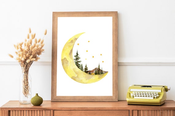 水彩画の月のアートプリント：子供部屋の荒野の装飾 - Etsy 日本