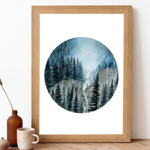 Blue Pine Forest Watercolor Art Print: Circle Landscape Giclee