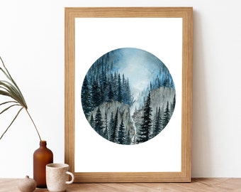 Watercolor Blue Pine Forest Painting Art Print- Circle Pine Trees Landscape Poster- Evergreen Trees Giclee Wall Art- Pine Tree Painting