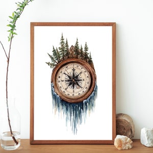 Kunstdruk aquarel kompas: thema reizen avontuur