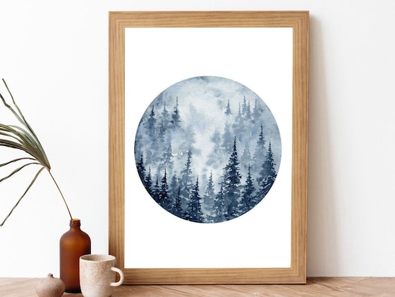 Watercolor Blue Pine Tree Forest Painting Printable Art | Etsy