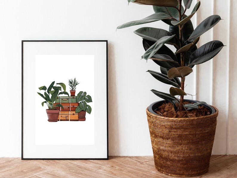 Houseplant Art Print: Vintage Suitcase, Retro Plant Illustration image 6