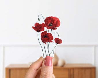 Clear Red Poppies Vinyl Die Cut Sticker- Field of Poppies Laptop Sticker- Flower Water Bottle Stickers-