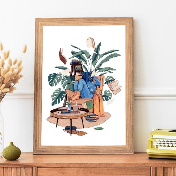 Reading A Book Art Print- Girl Reading Poster- Whimsical Reading Room Gouache Illustration- Bookworm Art Print - Gift For Book Lovers