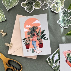 Menina ilustrada com plantas Cartão em branco - Cartões de agradecimento para amantes de plantas - Cartões de notas de arte