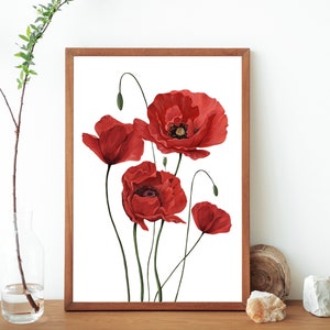 Red Poppies Gouache Painting Art Print- Red Poppy Field Botanical Artwork