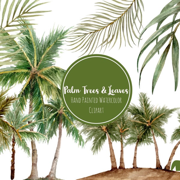 Aquarelle Palm Tree Painting Clipart- Tropical Clip Art- Aquarelle Palm Tree Elements- Aquarelle Graphics- Summer Palm Leaves Clipart