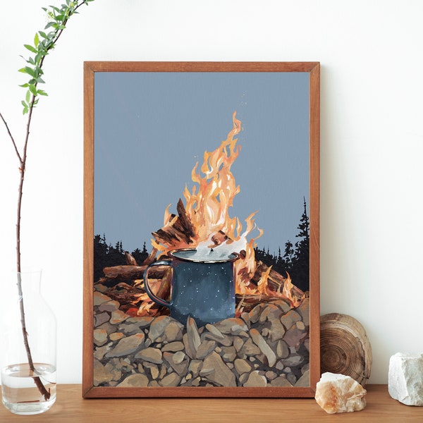 Campfire Camping Mug Painting Art Print- Tin Mug Camping Coffee Print- Gouache Painting- Wilderness Art Print- Adventure Poster Print