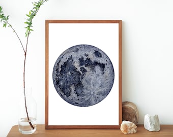 Watercolor Indigo Full Moon Art Print: Lunar Illustration