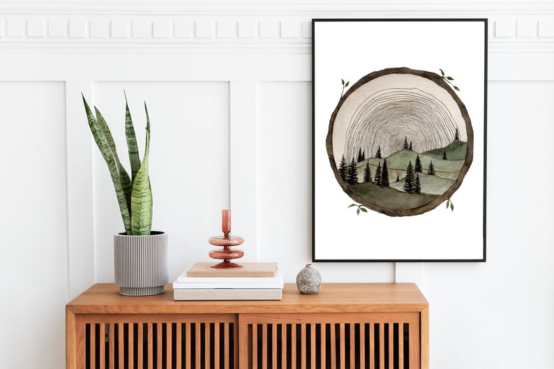 Circle Wood Slice Watercolor Painting Art Print Tree Ring Art Tree Stump Wood Slice Wall Art Trees And Hills Painting Tree Slice Artwork image 5