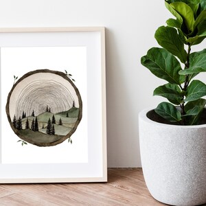 Circle Wood Slice Watercolor Painting Art Print Tree Ring Art Tree Stump Wood Slice Wall Art Trees And Hills Painting Tree Slice Artwork image 6