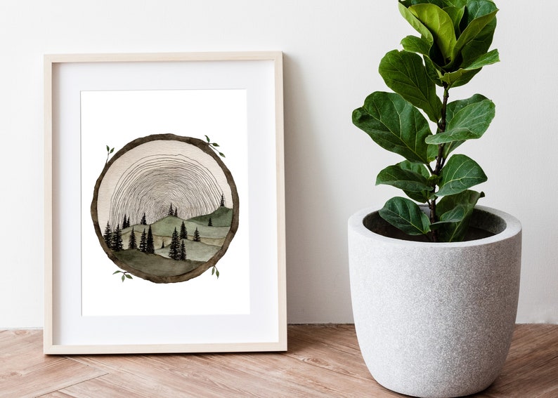 Circle Wood Slice Watercolor Painting Art Print Tree Ring Art Tree Stump Wood Slice Wall Art Trees And Hills Painting Tree Slice Artwork image 6