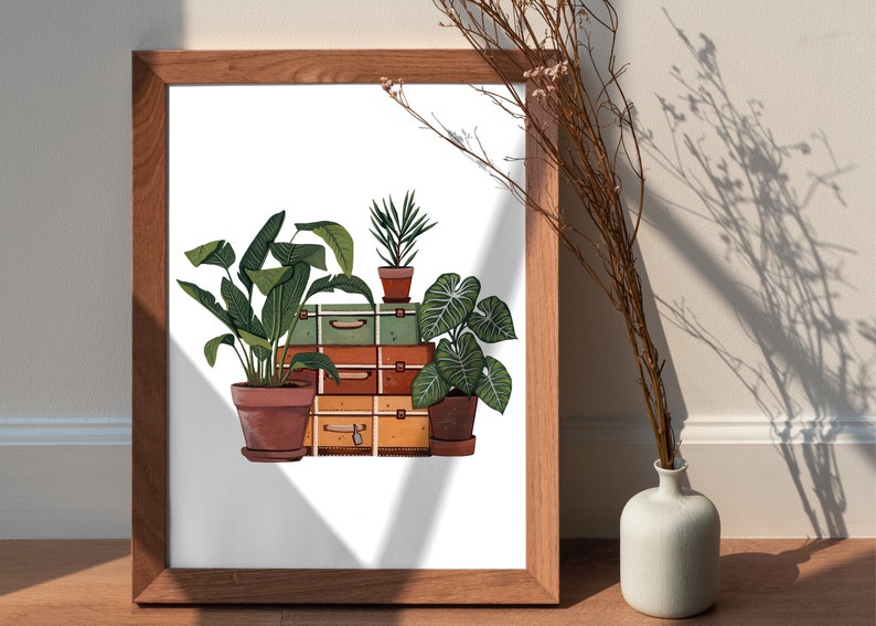 Houseplant Art Print: Vintage Suitcase, Retro Plant Illustration image 2