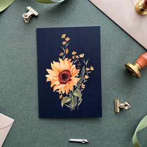 Cartão de saudação de flor de girassol - Cartões em branco inspirados em botânica - Cartão de saudação floral - Cartão de flor amarela