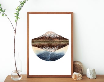 Mount Taranaki Watercolor Painting Art Print- New Zealand Nature Mountain Artwork- Travel Wilderness Wall Art- Rock Climber Wall Art Decor