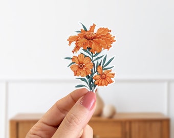 Marigold Flower Glossy Die Cut Vinyl Sticker- Weather Resistant Orange Floral Sticker- Water Bottle Sticker- Laptop Decal