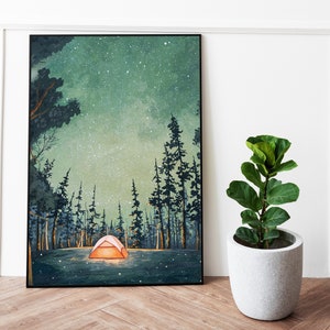 Camping At Night Painting Printable Art Yellow Glowing Tent Illustration Starry Sky FireFly Painting Wilderness Outdoorsy Wall Art image 4