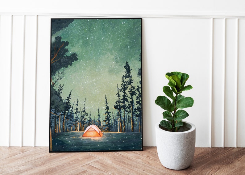 Camping At Night Painting Printable Art Yellow Glowing Tent Illustration Starry Sky FireFly Painting Wilderness Outdoorsy Wall Art image 4