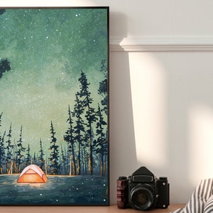 Camping At Night Painting Printable Art Yellow Glowing Tent Illustration Starry Sky FireFly Painting Wilderness Outdoorsy Wall Art image 8