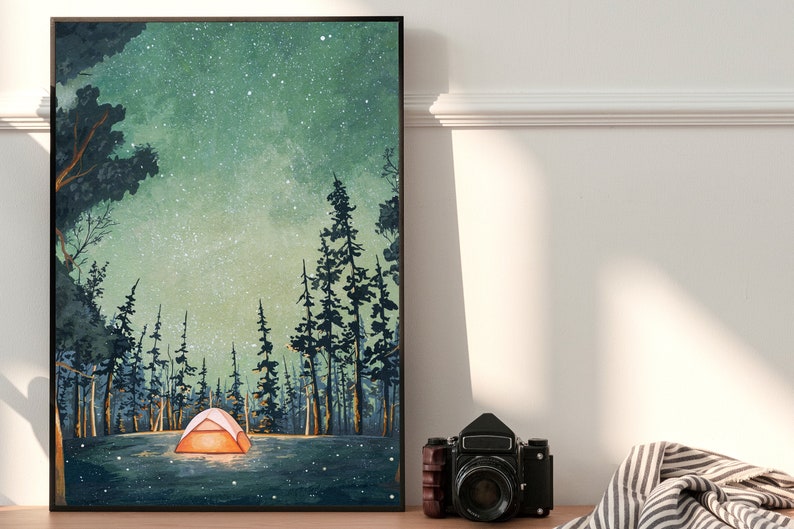 Camping At Night Painting Printable Art Yellow Glowing Tent Illustration Starry Sky FireFly Painting Wilderness Outdoorsy Wall Art image 8