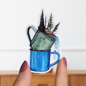 Camping Mug Wilderness Sticker découpé - Sticker vinyle mat en tôle métallique - Sticker pour ordinateur portable Nature Wanderlust