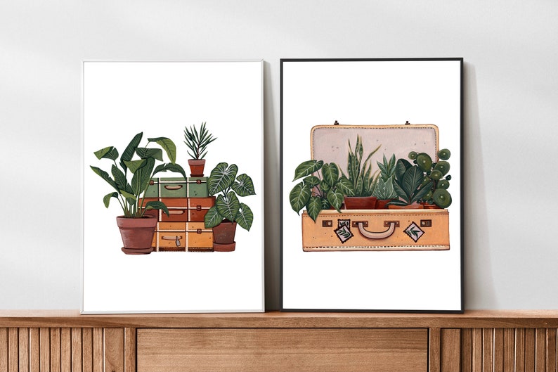 Houseplant Art Print: Vintage Suitcase, Retro Plant Illustration image 3