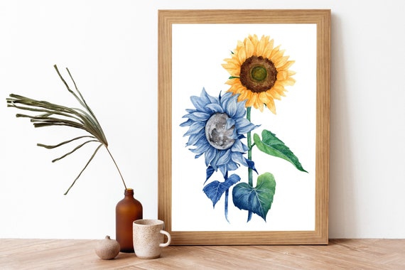 Watercolor Sunflower Moon Painting Art Print Botanical - Etsy 日本