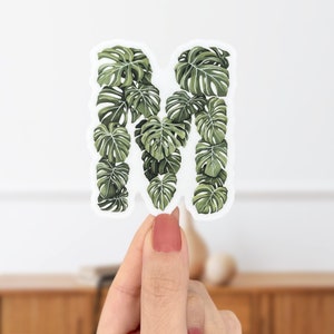 Pegatina de planta de hoja de Monstera con letra M - Pegatina inicial del alfabeto botánico - Pegatina de hojas botánicas mate para personalizar la computadora portátil