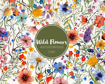 Clipart de flores silvestres en acuarela: PNG floral pintado a mano (descarga digital)