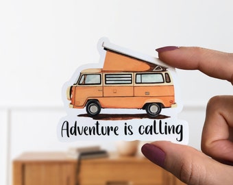 Retro Van Life Adventure Is Calling Vinyl Sticker- Yellow Camper Glossy Sticker- Vintage Sticker