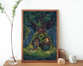 May include: A digital illustration of a treehouse built into a large, leafy tree. The treehouse has a green door and windows, and is lit from within. The treehouse is surrounded by lush greenery and a small path.