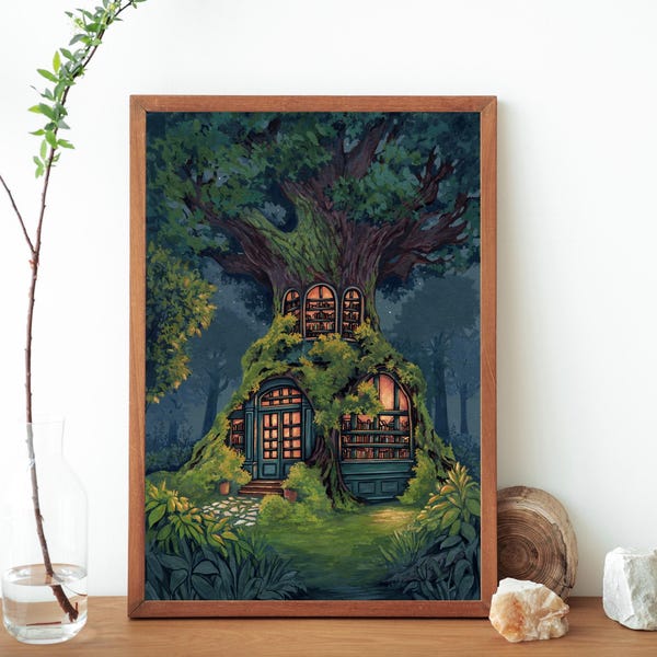 書店のツリーハウスアートプリント：気まぐれなファンタジー風景