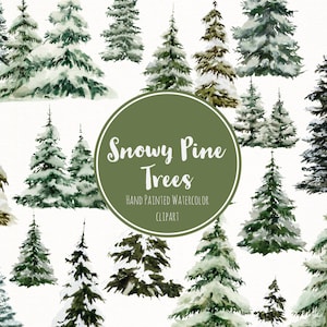 Clipart di pini invernali ad acquerello - Alberi innevati dipinti a mano - Grafica di pini innevati - Clip art di pini - Alberi invernali ad acquerello