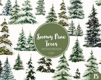 Op de afbeelding: Een set van 15 aquarel illustraties van besneeuwde dennenbomen. De bomen zijn met de hand geschilderd en hebben een groen-wit kleurenschema. De illustraties zijn perfect om een ​​winterse touch aan uw ontwerpen toe te voegen.