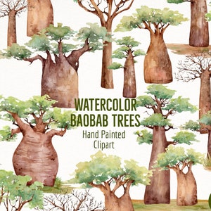 Aquarell Baobab Baum Handgemalt Clipart- Botanischer Afrikanischer Baobab Baum- Madagaskar Baobab Baum AquarellMalerei- Adansonia Baum Kunst