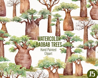 Watercolor Baobab Tree Hand Painted Clipart- Botanical African Baobab Tree- Madagascar Baobab Tree Watercolor Painting- Adansonia Tree Art