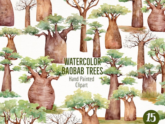 水彩画のバオバブの木のクリップアート：手描きの木のクリップ